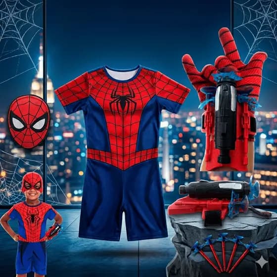 Kit Fantasia Infantil Herói com Lançador de Teia e Máscara – Brinquedo Completo