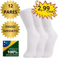 Meia Branca Cano Alto 12 Pares Masculino e Feminino Unisex Corrida Escola Lazer