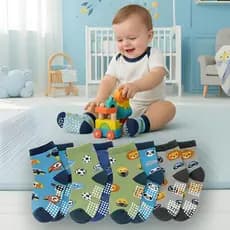 12 Pares Meia Infantil Menino Antiderrapante Recém Nascido para 0 a 2 Anos Estampadas