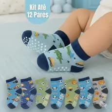 Kit 12 Pares Meia Infantil Recém Nascido Menino Antiderrapante de 0 a 2 Anos Estampadas Bichinhos