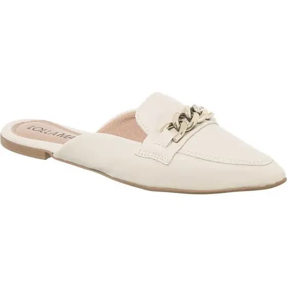 Mule Feminino Rasteirinha Bico Fino Enfeite Corrente Off-White Preto Dourado