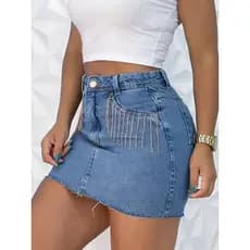 JK Mini Saia Jeans Com Brilho Desfiada Na Barra Bolso Zíper