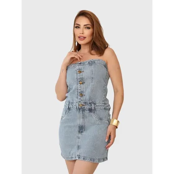 INFINTITO MODA VESTIDO JEANS TOMARAQUECAIA MODA FEMININA FASHION VERAO NOVIDADE ATRAS COM LATEX