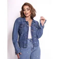 JAQUETA JEANS SEM BARRA COM DESFIAR COM PEDRA MODA FEMINIA