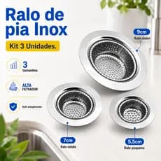 Kit 3 Ralos de Pia Inox Anti-Entupimento 9cm 7cm 5,5cm Cozinha Ralinho Banheiro Tanque