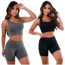Kit 2 Conjuntos de Academia Top + Shorts Legging Feminino Fitness Em Suplex Meia Coxa Cintura Alta