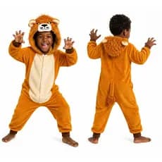 Pijama Macacão Infantil Leão Pelúcia Fantasia Confortável Quente Unissex Inverno com Capuz e Cauda