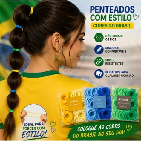 Brasil Copa do Mundo Kit 150 Elástico de Cabelo Cores do Xuxinhas Rabicó Feminino Torcedor
