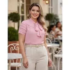 Blusa Moda Evangélica Feminina Social em Crepe Manga Curta Social