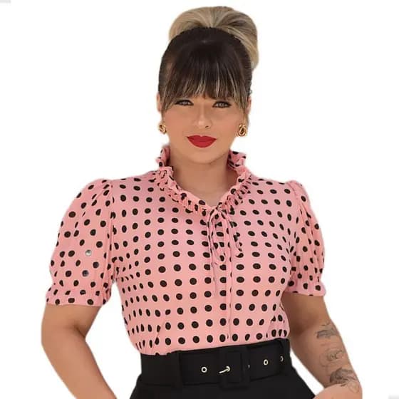 Blusa Feminina Manga Curta Social Crepe Poa de Bolinha Barata Atacado
