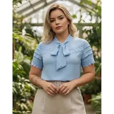Blusa Moda Evangélica Social Feminina Manga Curta com Renda em Crepe Com Laço