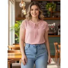 Blusa Feminina Elegante Manga Curta Social com Renda Ref 221