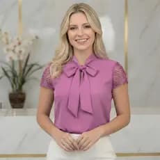 Blusa Feminina Manga Curta Gola Laço Moda Evangélica Premium