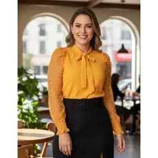 Blusa Feminina Elegante Manga Longa com Tule Social Estilosa Moda Evangelica