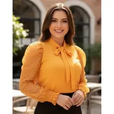 Blusa Evangelica Feminina Estilosa Elegante Manga Longa com Laço Tule Social