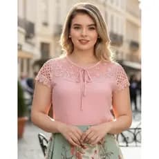 Blusa Feminina Manga Curta Social Com Renda Blusinha