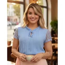 Blusa Social Feminina Manga Curta Evangélica Elegante em Crepe com Renda
