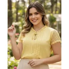 Blusa Moda Evangélica Feminina Social em Crepe Elegante com Renda Moda Executiva