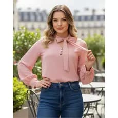 Blusa Moda Evangélica Feminina Social Manga Longa com Laço Elegante Estilosa Soltinha Blusinhas