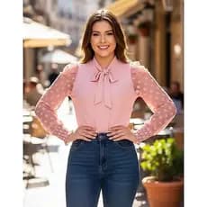 Blusa Feminina Manga Longa Linda Evangelica Crepe Social Tule Blusas Manga Longa