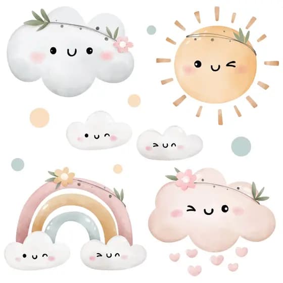 Adesivo De Parede Infantil Nuvem Sol Arco Íris Aquarela Menina Rosa N1
