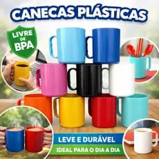 Jogo 5 canecas plástico colorida reforçada suco agua leite festa infantil creche escola igreja