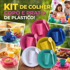 15 kit merenda prato copo  colher alimentação criança lanche festa refeição colorido escola créche