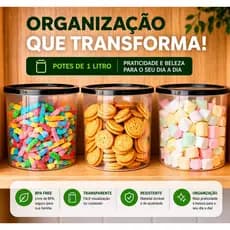 Porta mantimentos kit 3 pote 1L plástico transparente organizador cozinha com tampa BPA Free