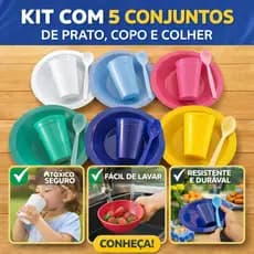5 kit merenda prato + colher + copo cores vivas resistente servir bolo festa refeição aniversario
