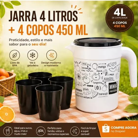 Kit Jarra Plástica grande 4 Litros com 4 Copos 500 ml Pretos Decorados Conjunto Servir Suco
