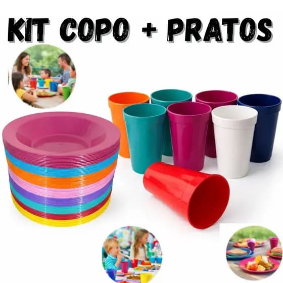 Jogo 5 pratos e copos plástico kit refeição infantil merenda festa escola creche igreja