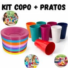 Jogo 5 pratos e copos plástico kit refeição infantil merenda festa escola creche igreja