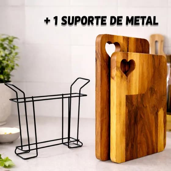 Tábua de corte kit 2 madeira nobre com suporte em metal conjunto gourmet churrasco legumes cozinha