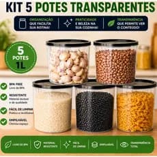 Kit 5 Porta mantimentos 1L plástico com tampa BPA FREE organizador alimentos transparente hermético