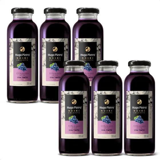 Kit 6 Suco de Uva Tinto Integral 300ml Hugo Pietro Sem Conservante Presente