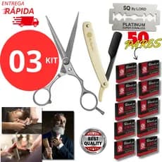 Kit 01 Navalhete Profissional para Barbear 1 Tesoura e 10 CXS Laminas de Barbear Cortes de Cabelo