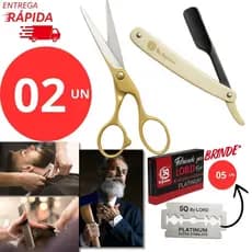 Jogo 2 Unidades 1 Navalhete Inox Premium Barba Cabelo Barbearia Prático Qualidade 1 Tesoura Profissional Inox Premium