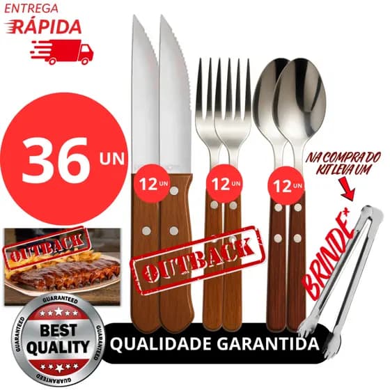 Jogo KIT 36, 24 ou 12 Peças Talheres Para Churrasco Jumbo Faca Outback Garfo e Colher de cabo De Madeira