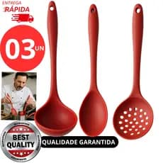 Kit 3 Peças Utensílios de Silicone Linha Premium Colher Escumadeira e Espátula Vazada Cozinha