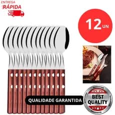 Jogo Kit 12/6/3 Peças De Colher Talher de Mesa Cabo Madeira em Aço Inox Restaurante Jantar