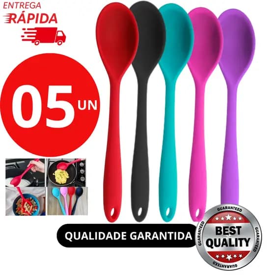 Jogo 5  ou 2 Colheres de Arroz de Silicone 30cm Antiaderente Não Risca Panela Resistente Preto ou Vermelho