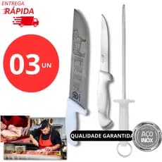 Kit 03 Facas Profissional Faca Açougueiro Faca do Chef e Amolador Chaira Churrasqueiro Restaurante Desossa