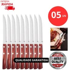 Jogo 05 Facas de Mesa Inox Cabo em Madeira Para Restaurantes Churrascaria Hotel Cozinha Refeitório.