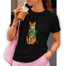 Camiseta Feminina Brasil Gatinho Com Bandana Brasileira Copa 2026 Blusa Feminina Premium