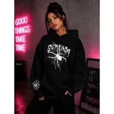 Blusa Moletom Aranha Gótica Feminina Streetwear Oversized Algodão Premium Capuz Estilo Aesthetic