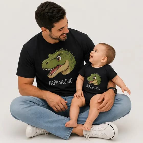 Kit Camiseta Papassaurio e Body Bebê Bebesaurio Dia dos Pais Algodão Premium Presente Pai e Filho