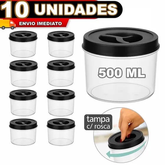 JOGO DE 10 POTES    500ML PRETO   REDONDO  // REFORÇADO // LIVRE DE BPA//PARA ALIMENTOS-TEMPEROS