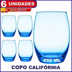 Jogo Copos Califórnia Vidro Azul Multiuso Luxo 465ml  – Kit com 4 ou 6 Copos –Refrigerante Suco