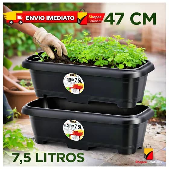 Vasos Floreira Jardineira Grande 7,5L 47cm – Kit com 2 ou 4 Unidades – Preto Resistente