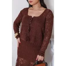 Conjunto Feminino de Saia e Blusa Tricot Rendado Tendência Boho Chic Outono Inverno Elegante